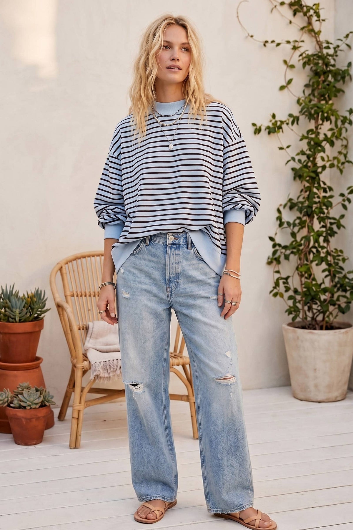 Oversized French Terry Striped Pullover