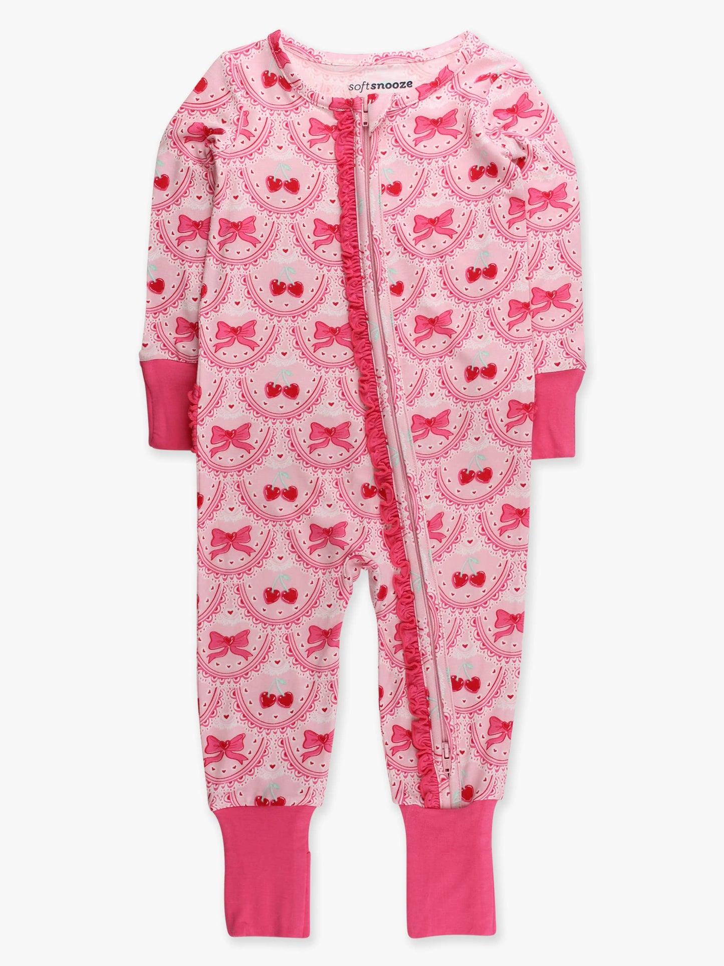SoftSnooze™ Baby Girls Bamboo Viscose Love You Cherry Much Convertible Ruffle One Piece Footie Pajama