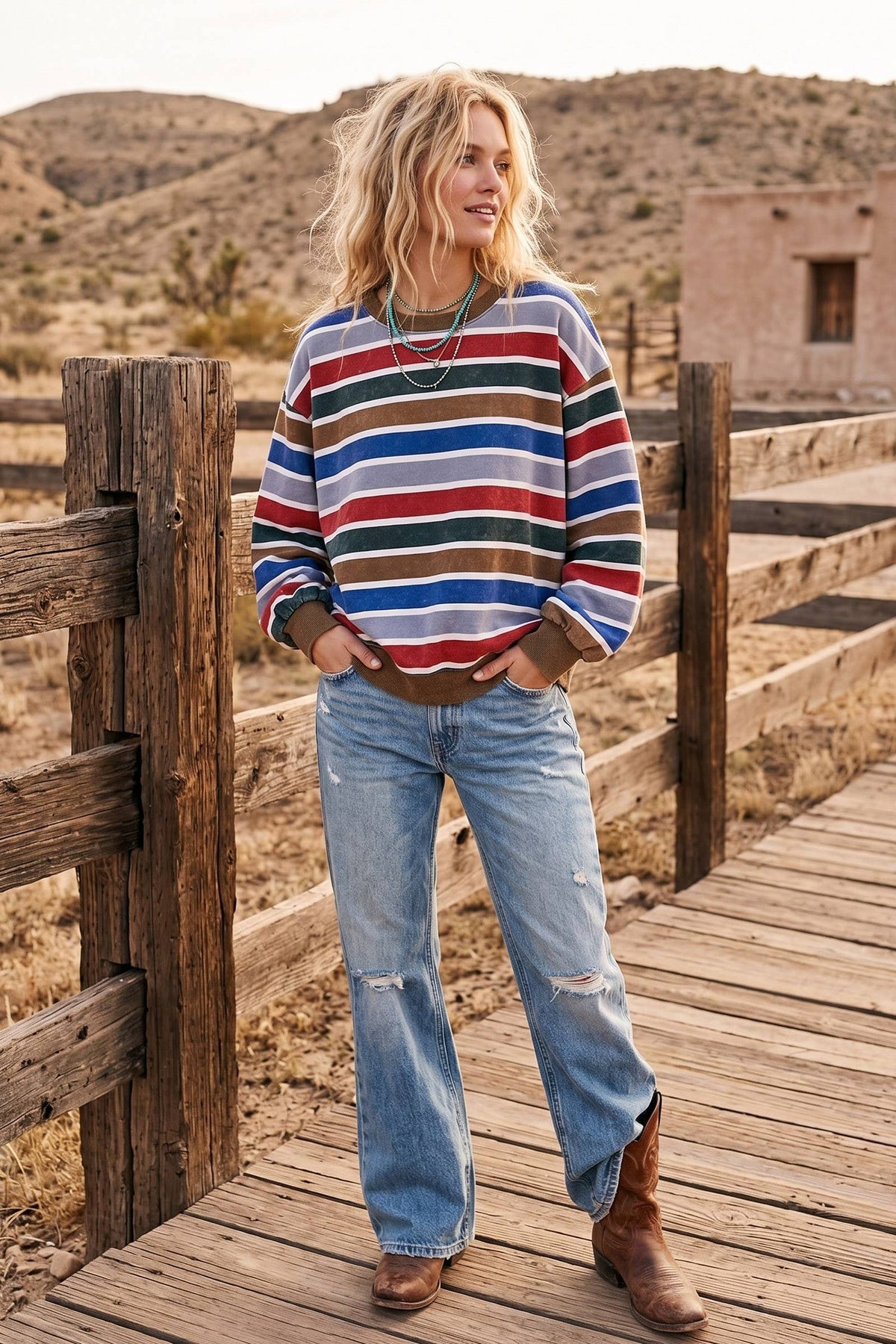 Oversized Mineral Washed Terry Stripe Pullover