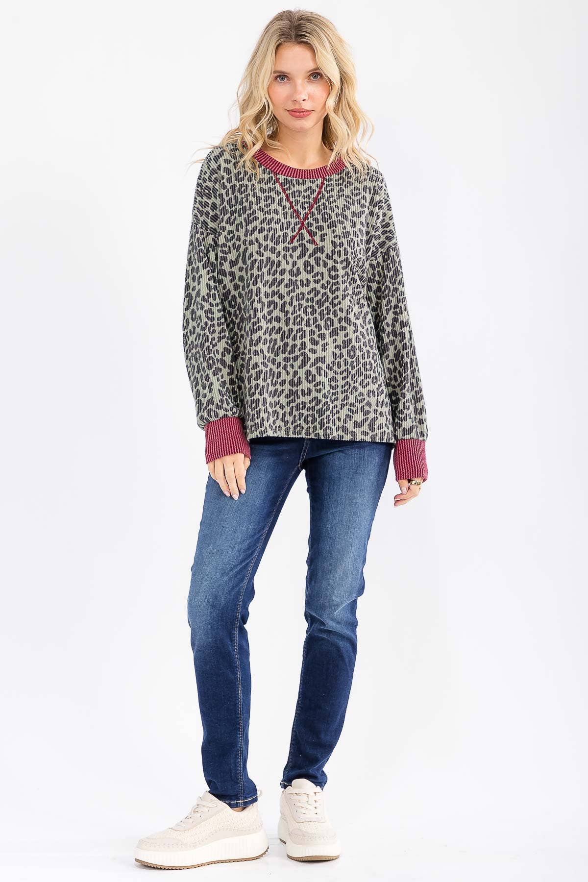 Ribbed Animal Print Long Sleeve Top