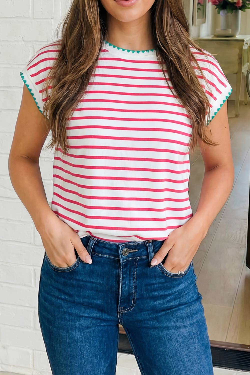 Red Trim Cap Sleeve Tee