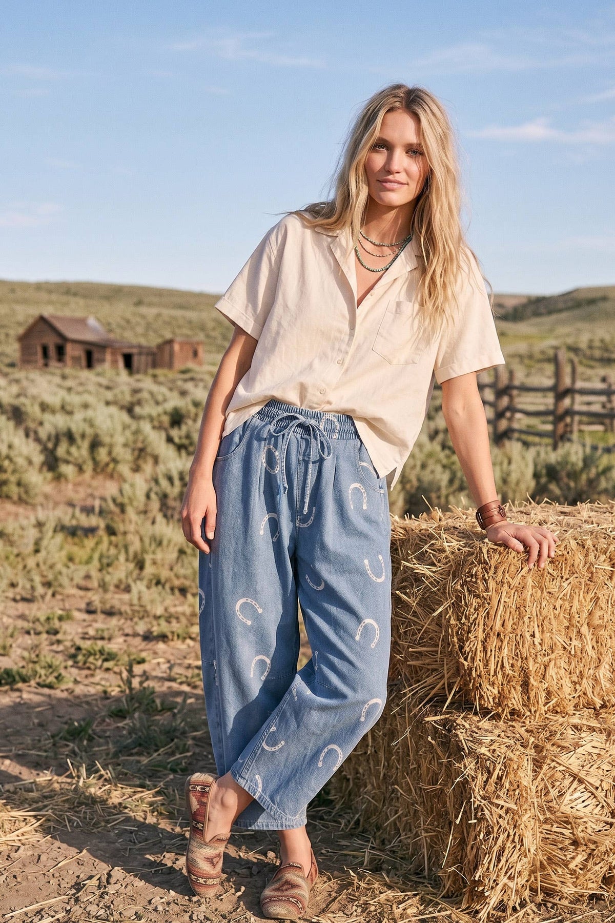 Horseshoe Print Denim Barrel Pants