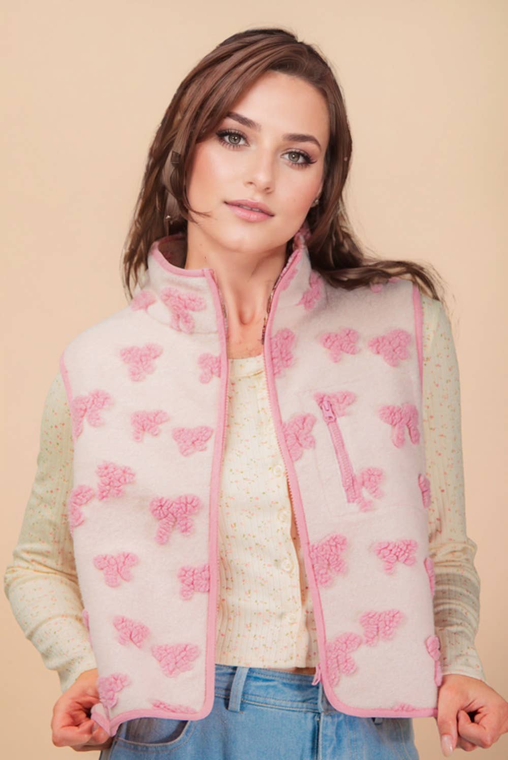 Textured Bow & Floral Printed Vest