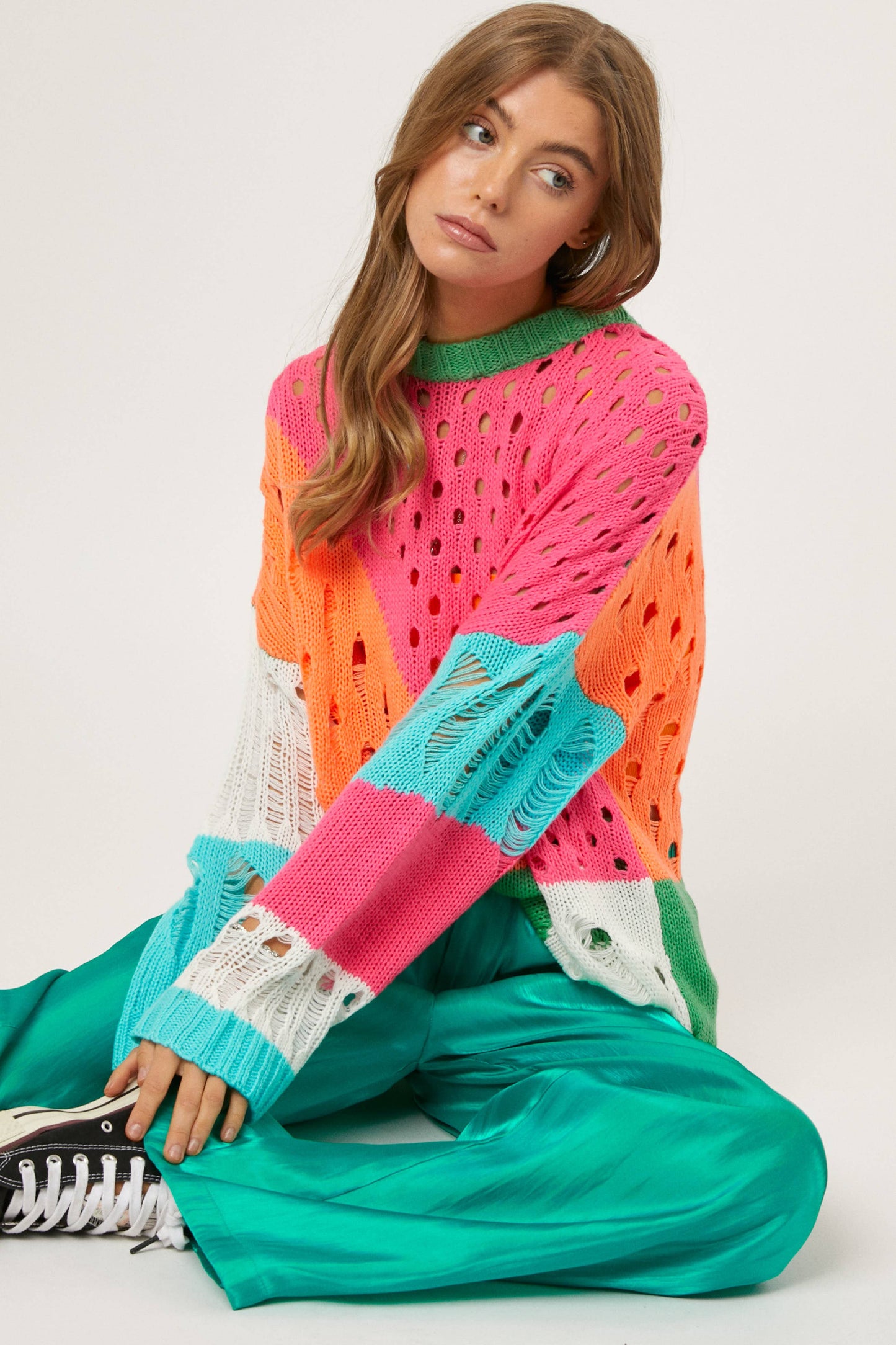 Color Block Open Knit Sweater