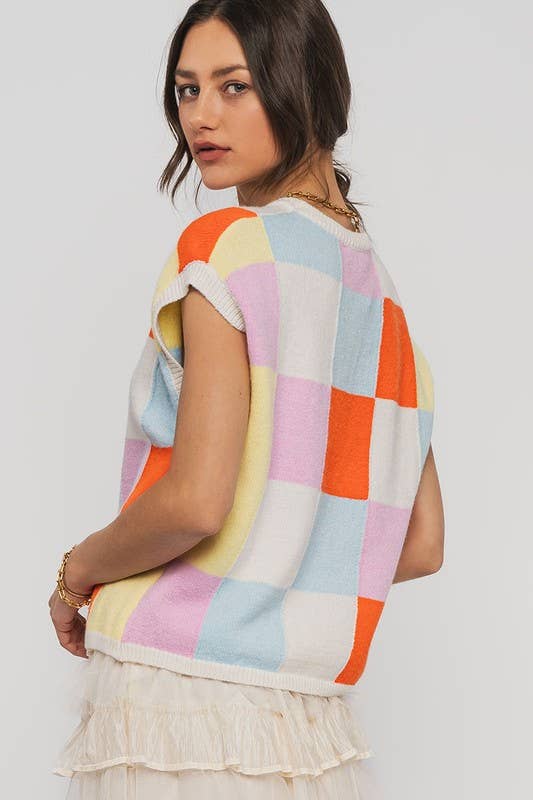 Checkered Knit Sweater Vest
