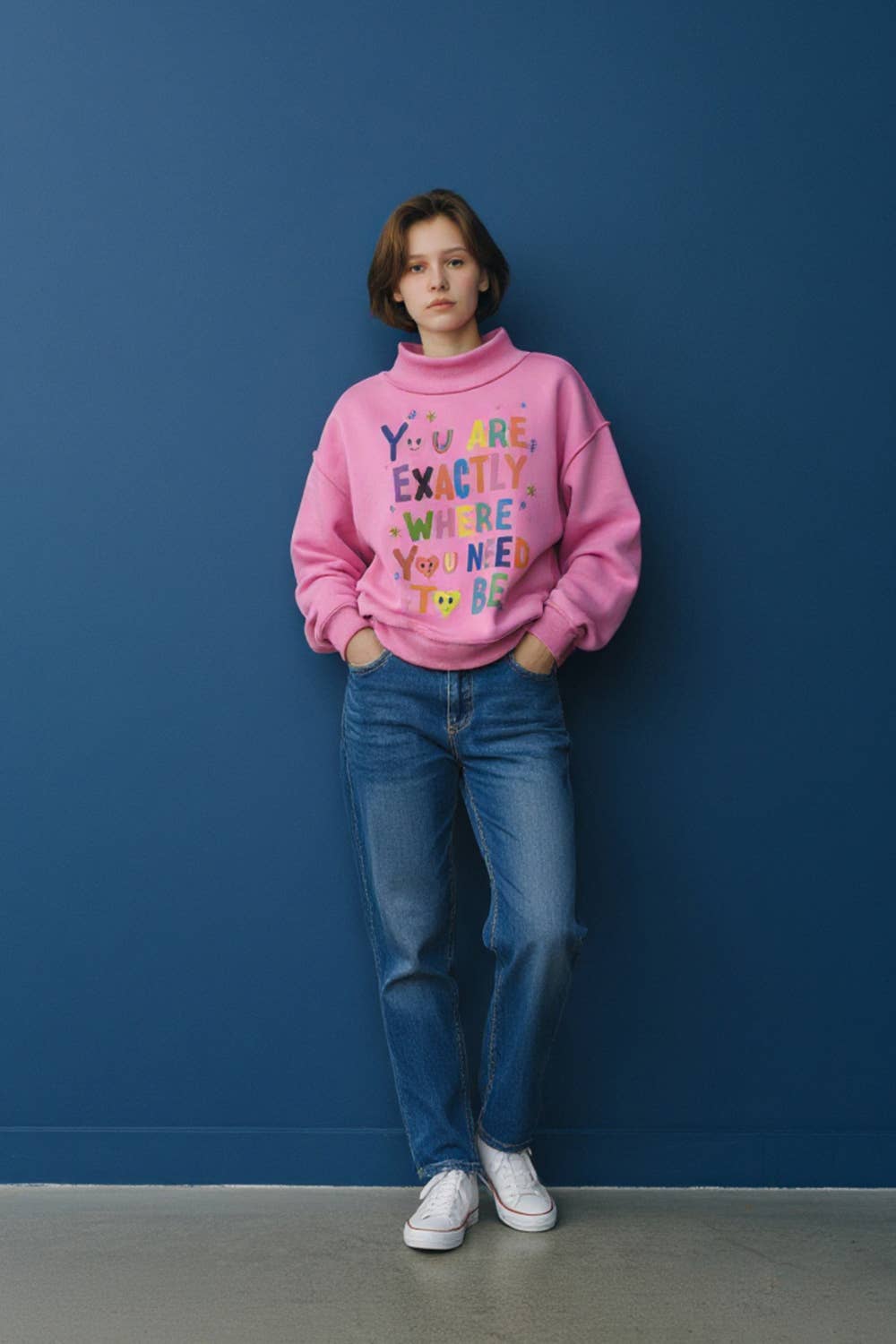 You Are Exactly Where You Need To Be/Life Is Good Reversible Graphic Mock-Neck Crop Sweatshirt