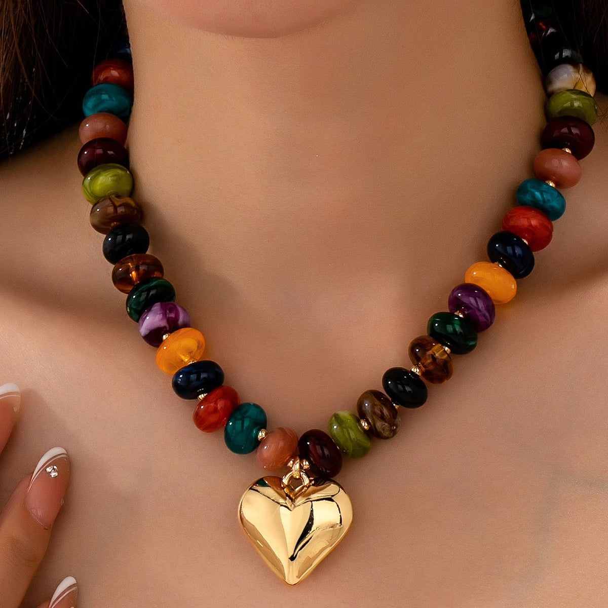 Multicolor Rondelle Bead Heart Pendant Necklace