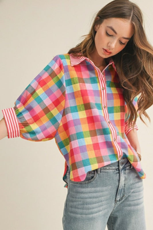Vivid Gingham Check Pattern Blouse