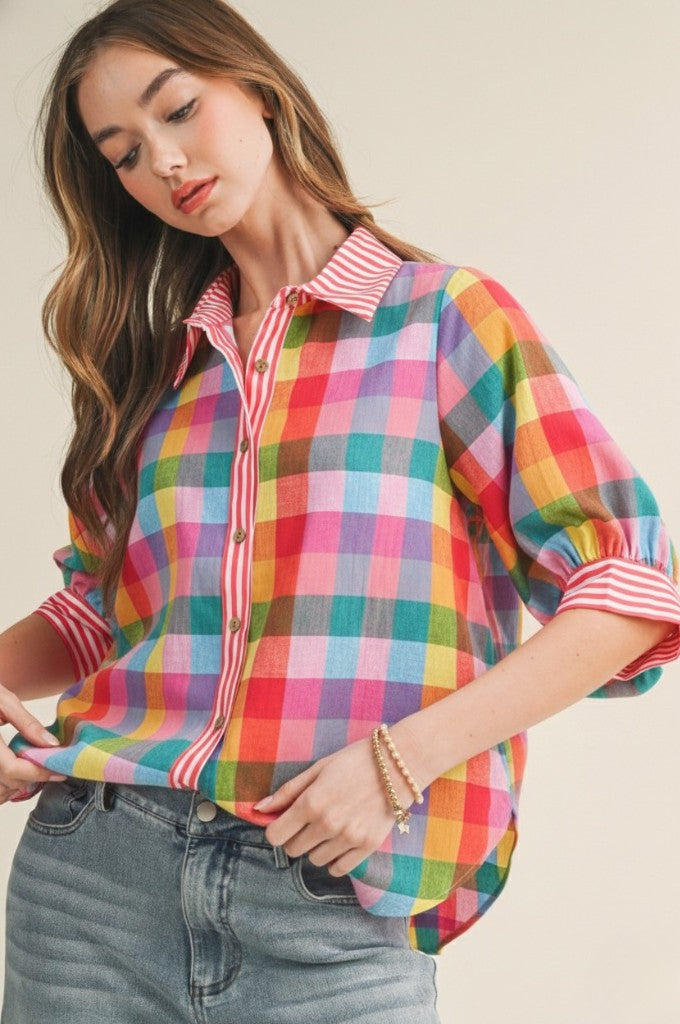 Vivid Gingham Check Pattern Blouse