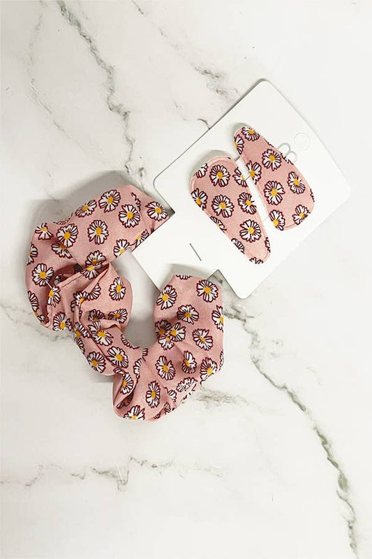 Floral Scrunchie and Hair Clip Set