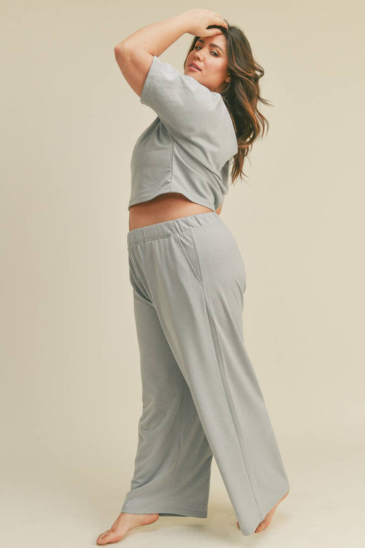 Plus Blue Cropped Boat Neck Top & Wide Leg Pants Set