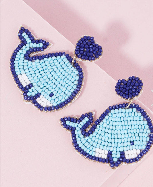 Seed beaded whale dangle earrings